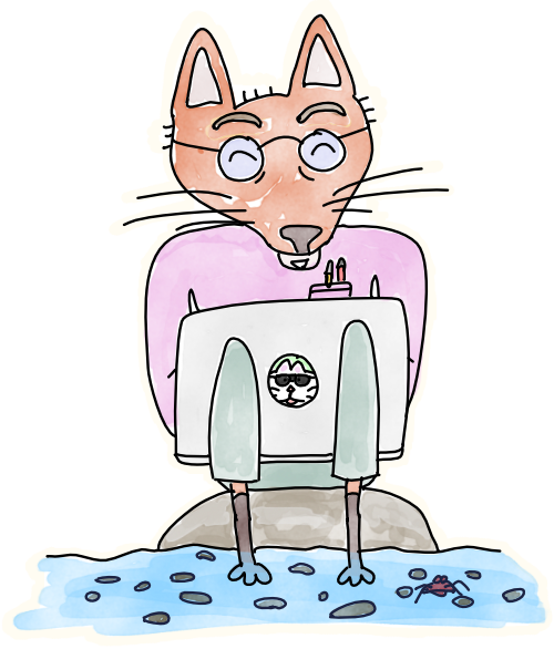 a self-portrait of chris, drawn as a bespectacled fox soaking his feet in a river