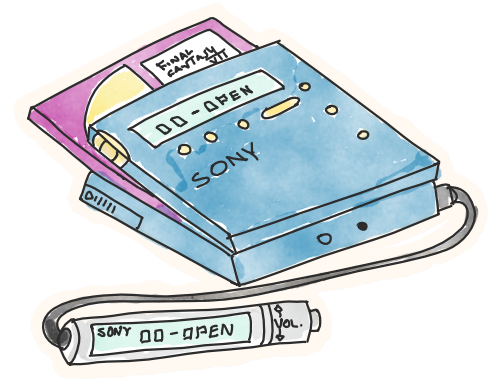 a watercolour drawing of a minidisc player with a disc half-inserted